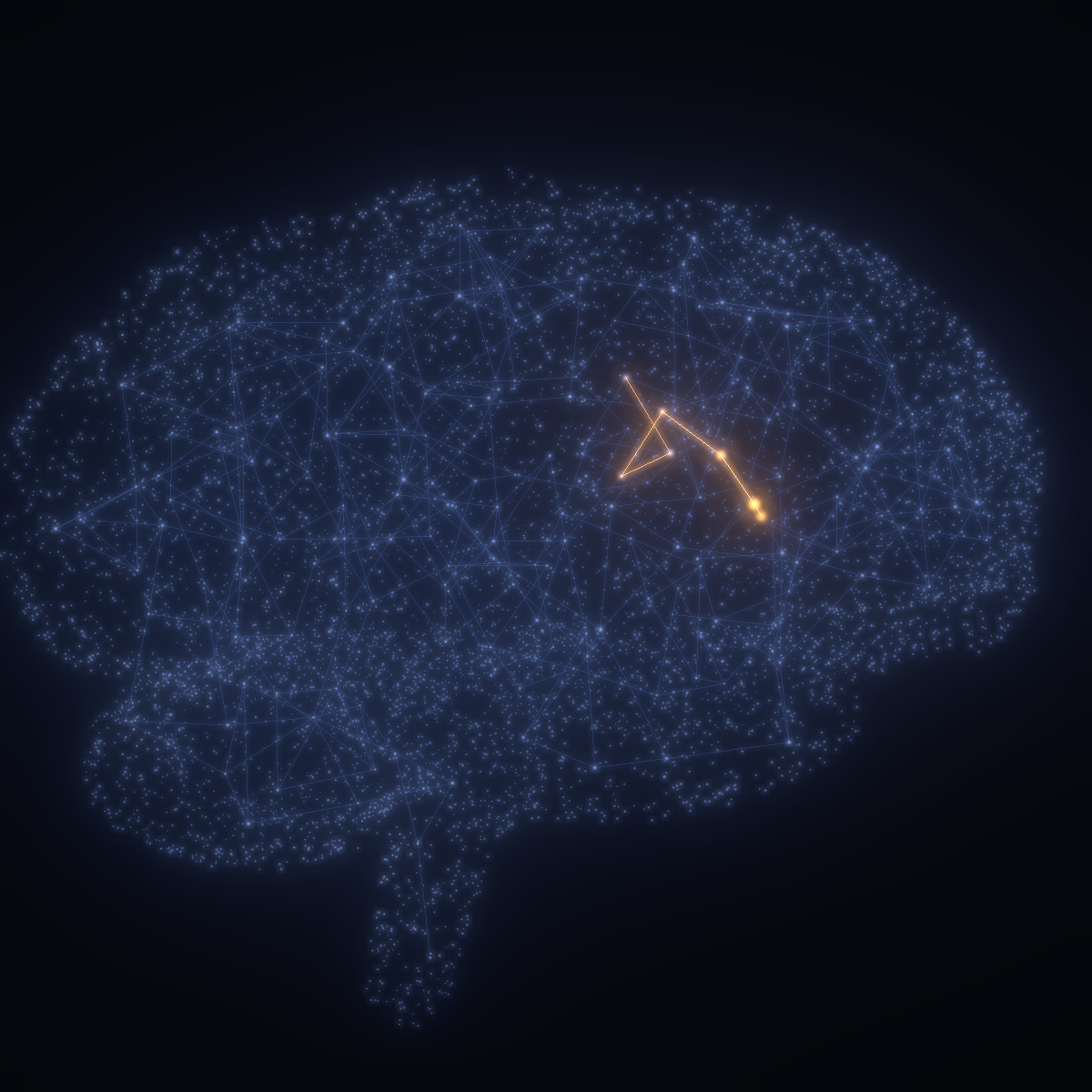 A stylised brain drawn in faint blue points of light, linked by fine lines, with one amber signal path running through it.
